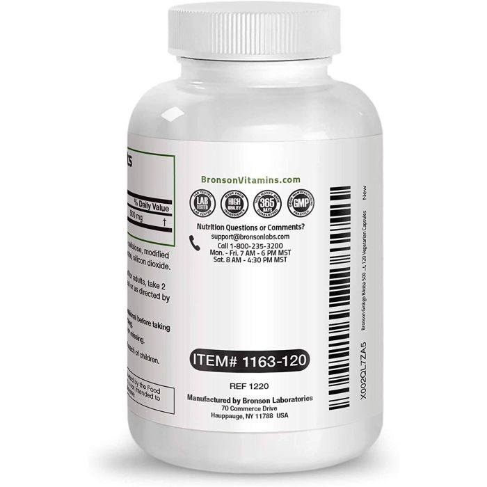 Side panel of Bronson Ginkgo Biloba showing usage directions and ingredient list
