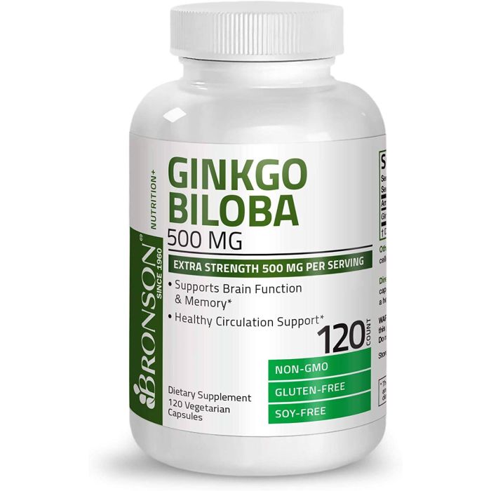 Side panel of Bronson Ginkgo Biloba showing usage directions and ingredient list