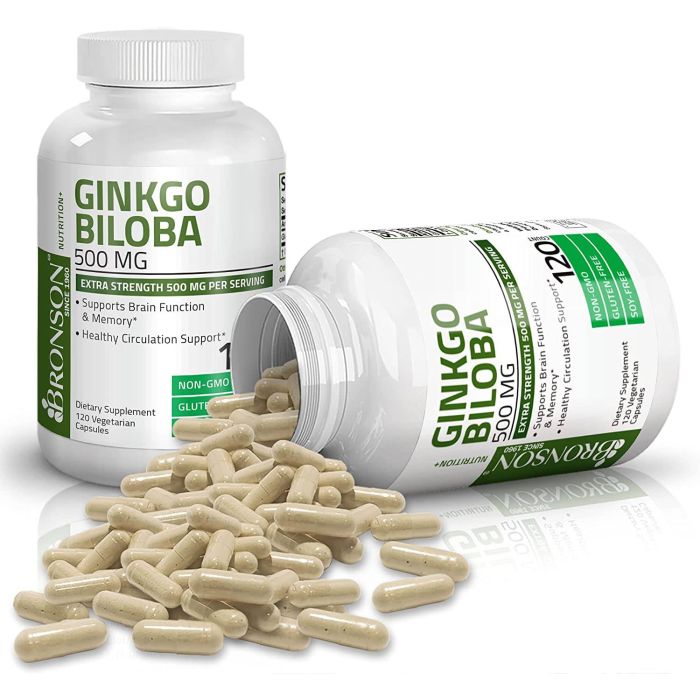 Supplement facts label showing 500 mg Ginkgo Biloba per capsule