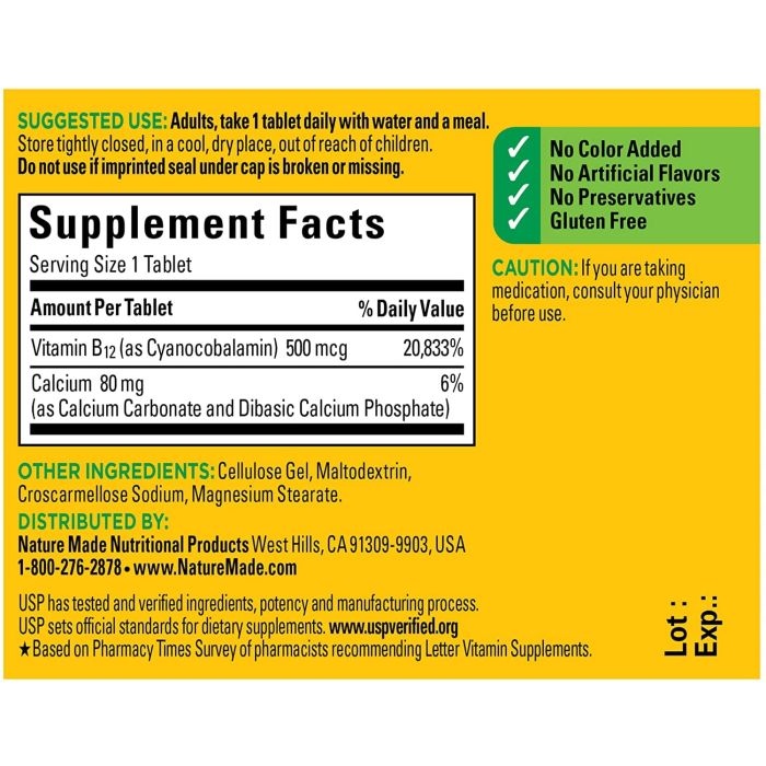 Nature Made Vitamin B12 500mcg Tablets Metabolism Support