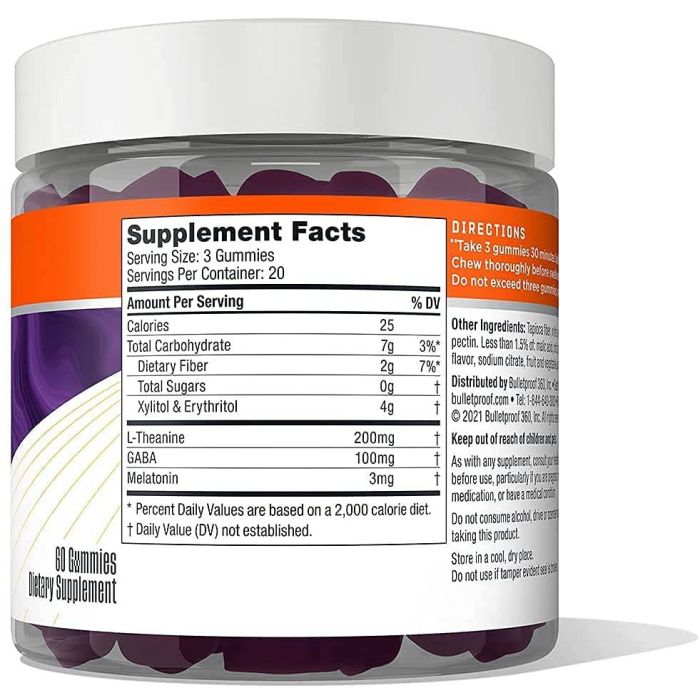 Supplement facts label – melatonin, L‑theanine, GABA