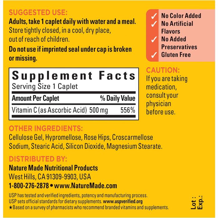 Nature Made Vitamin C 500mg With Rose Hips 130 Caplets