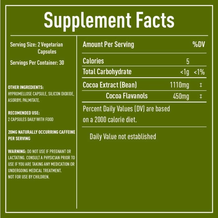 Supplement facts for Cocoa Via Heart and Brain – featuring 200 mg Cocoa Extract and essential vitamins for energy and focus.
