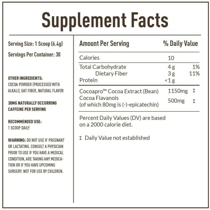 CocoaVia powder – 360 g bottle of dark chocolate flavored vegan powder to support cardiovascular and energy health.