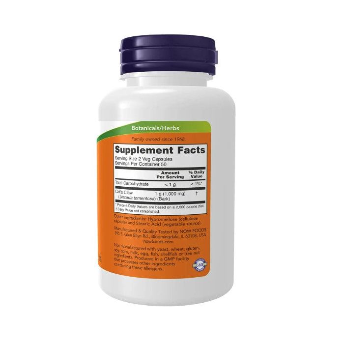 "Front view of NOW Cat's Claw 500mg bottle – traditional herbal support"
