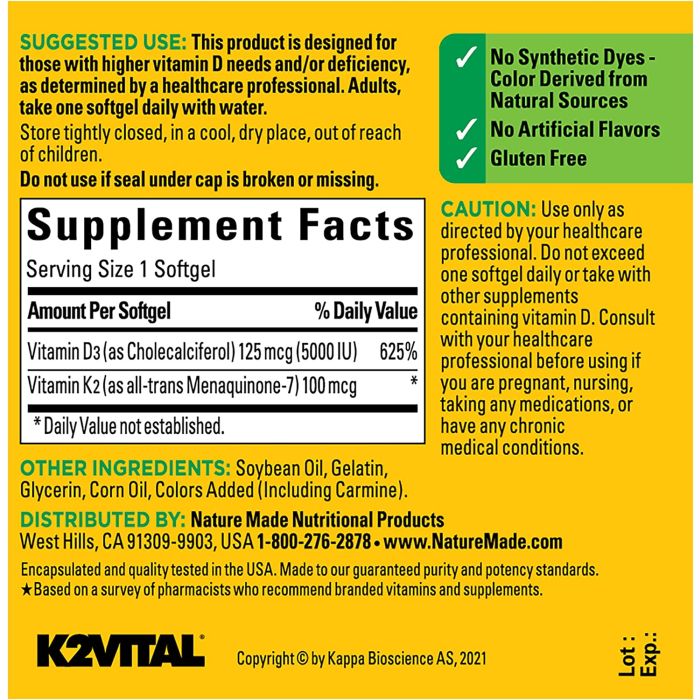 Nature Made Vitamin D3 Plus K2 30 Softgels Bone Health