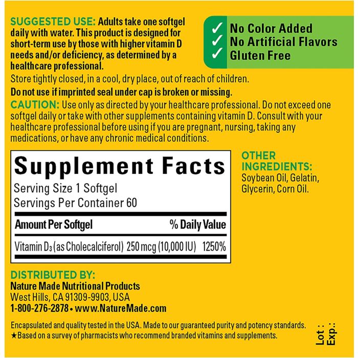 Nature Made Vitamin D3 Maximum Strength 10,000 IU 250mcg 60 Softgels