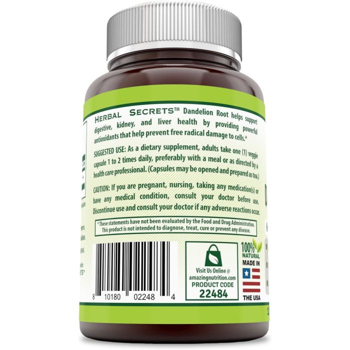 Front label of Herbal Secrets Dandelion Root – 520 mg strength, 120-count vegan capsules for liver and digestive support