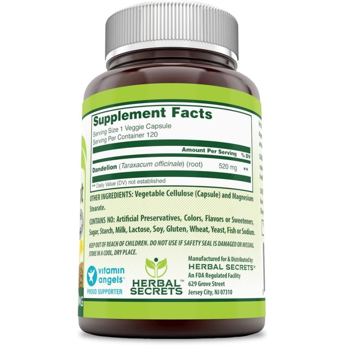 Herbal Secrets Dandelion Root 520 mg bottle – natural liver detox and kidney cleanse supplement, 120 veggie capsules