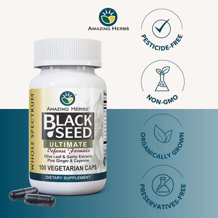 "Back label of Amazing Herbs Black Seed Ultimate – dosage and ingredients"