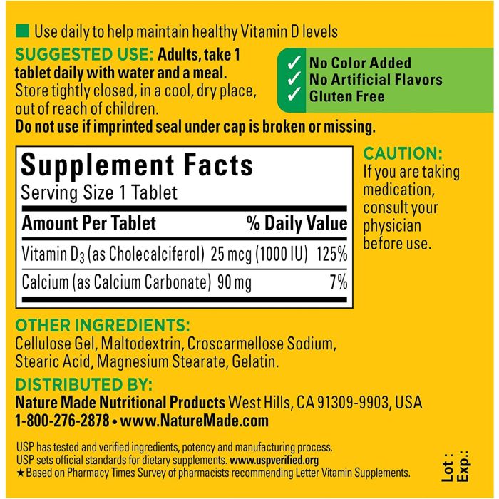 Nature Made Vitamin D3 1000 IU 25mcg Tablets Bone Muscle Support