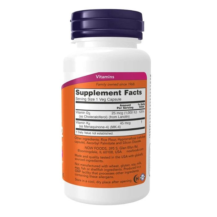 NOW Vitamin D3 K2 1000IU 45mcg Bone Health Support 120 Veggie Caps