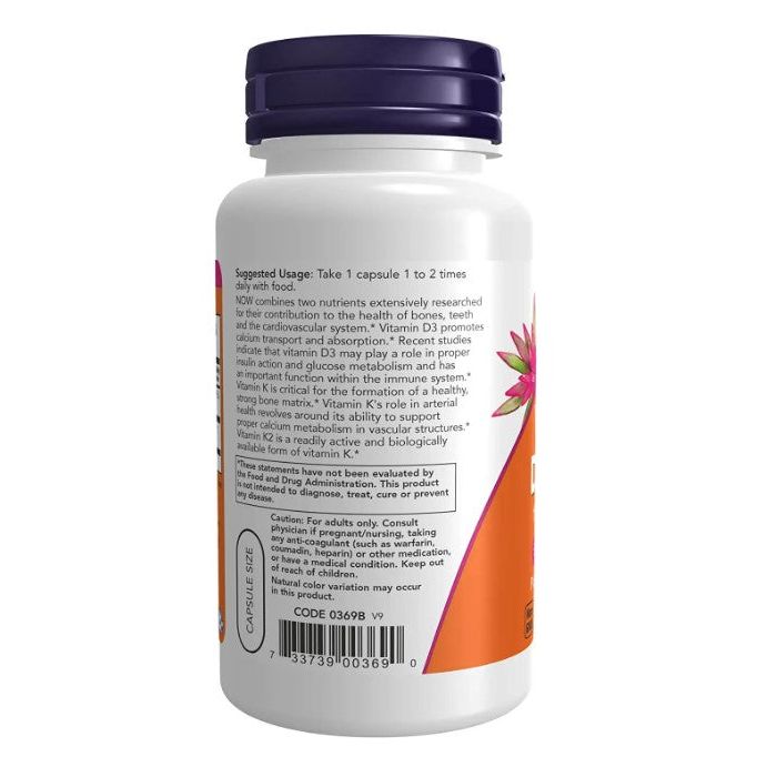 NOW Vitamin D3 K2 1000IU 45mcg Bone Health Support 120 Veggie Caps