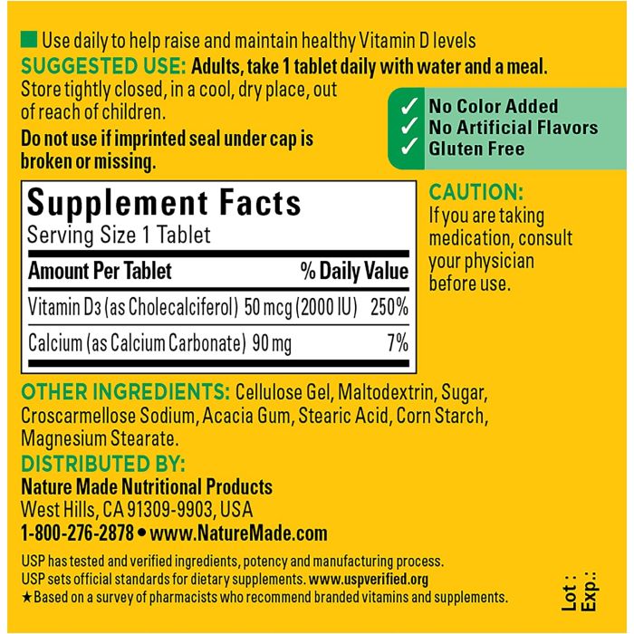Nature Made Vitamin D3 2000 IU 50mcg Tablets Muscle Bone Support