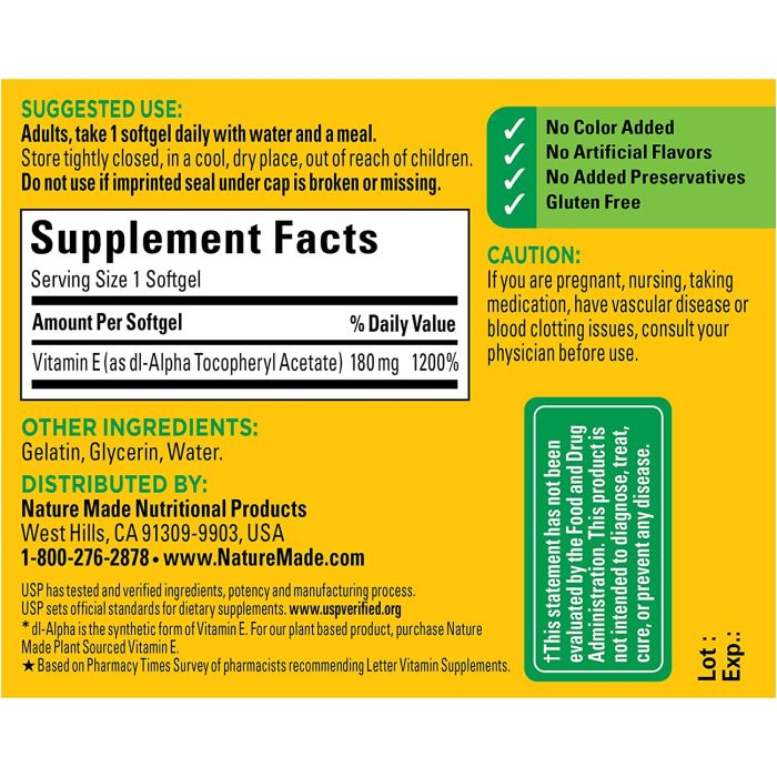 Nature Made Vitamin E 400 IU 180mg Dl Alpha Softgels Antioxidant
