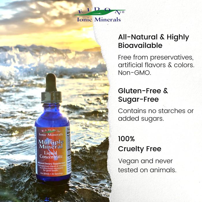 Supplement Facts label for Eidon Multiple Minerals Blend Liquid Concentrate – 2 oz size