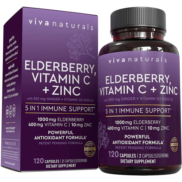 "Front label of Viva Naturals Elderberry Vitamin C Zinc 5-in-1 daily immune supplement, vegan capsules"