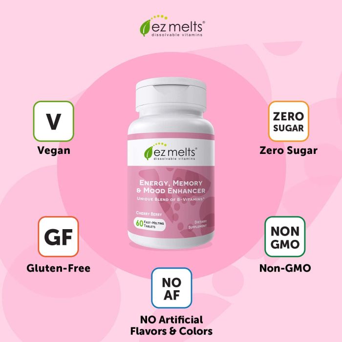 "Supplement Facts for EZ Melts Energy & Mood Support tablets"
