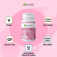 "Supplement Facts for EZ Melts Energy & Mood Support tablets"