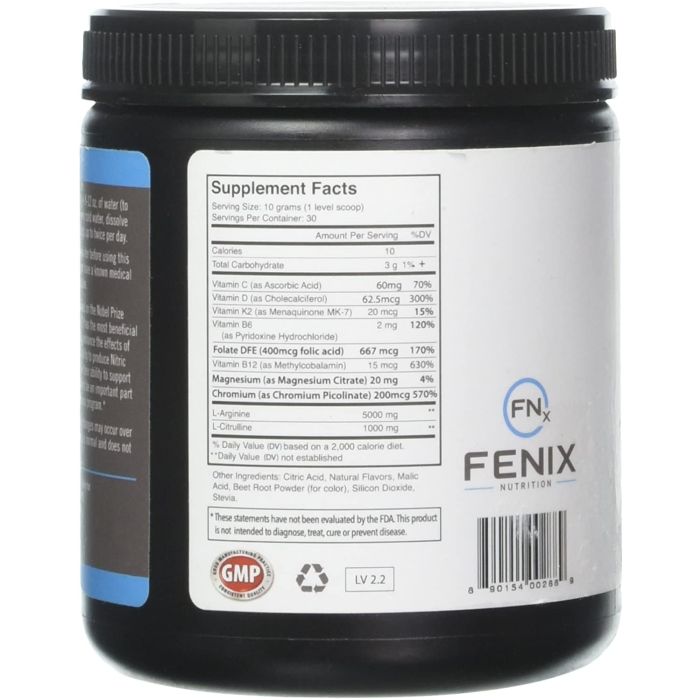 Fenix Nutrition L-Arginine Complete Nitric Oxide Booster – 30 servings of nitric oxide support for better workout performance.
