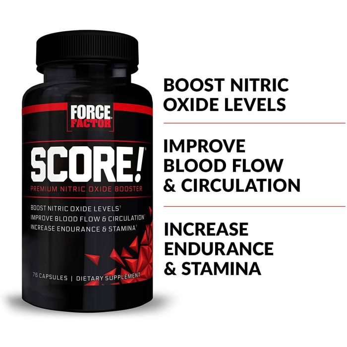 Supplement facts for Force Factor 75 Capsules – featuring 1,000 mg L-Arginine, 500 mg Citrulline, and 10 mg Vitamin B6.
