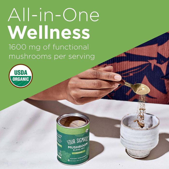 Lifestyle image of user adding mushroom powder to coffee