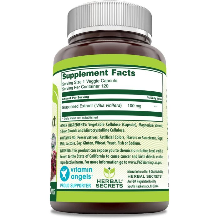 Supplement Facts panel of Herbal Secrets Grapeseed Extract 120 capsules – dosage and ingredient list