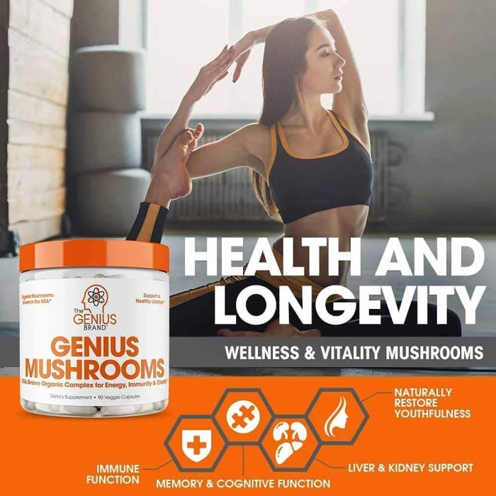 Genius Mushroom Immune System Booster – supports immunity with Reishi, Shiitake, and Maitake mushrooms, 90 veggie capsules.