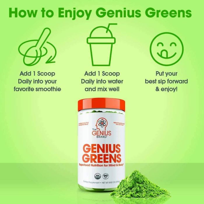 Nutrition facts panel of Genius Greens superfood powder