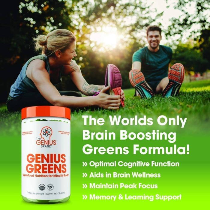 Genius Greens powder scoop showing green organic blend