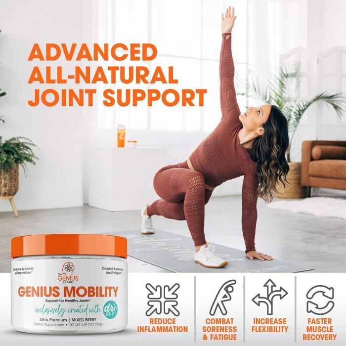 Scoop of Genius Mobility powder mixed in glass – natural inflammation support