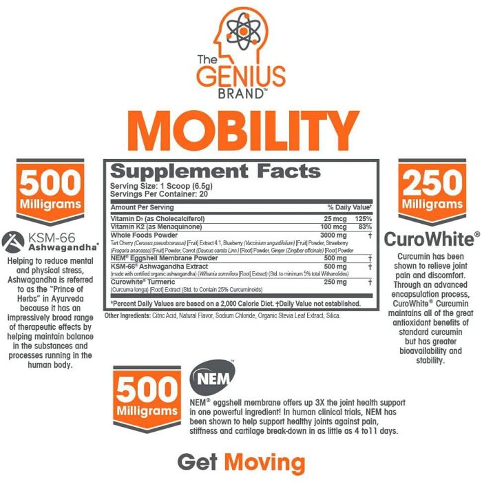Genius Mobility powder container front label – joint support supplement, 4.59 oz