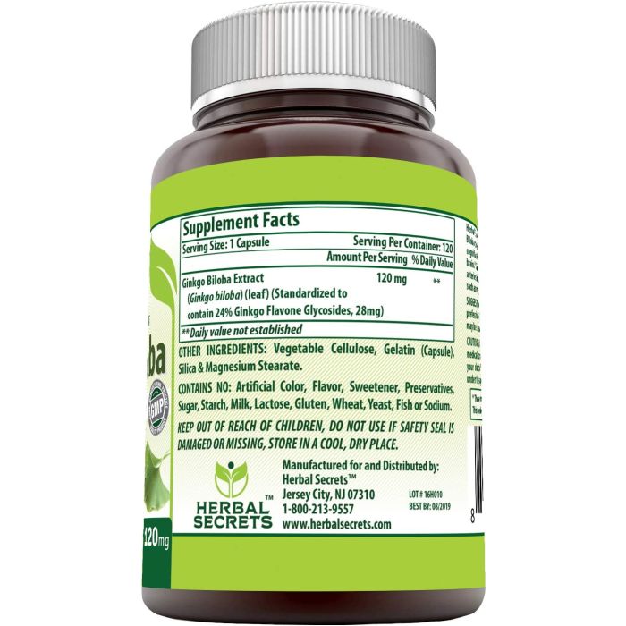 Herbal Secrets Ginkgo Biloba 120 mg bottle – supports cognitive function and circulation, 120 veggie capsules