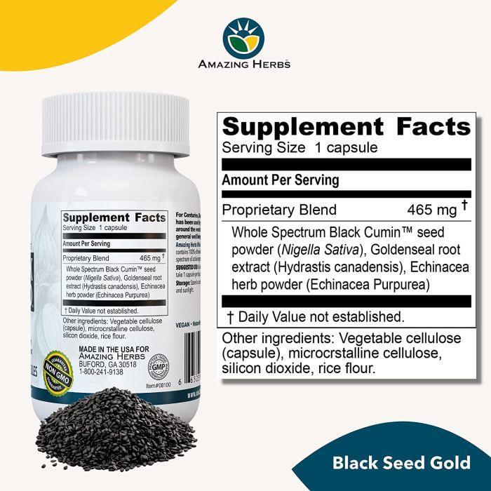 "Side view of Black Seed Gold – gluten-free, non-GMO, vegan immune formula"
