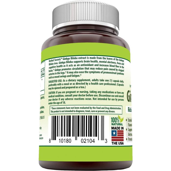 Front label of Herbal Secrets Ginkgo Biloba – 120 mg strength, 120-count vegan capsules for brain health"
