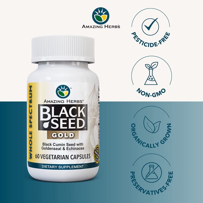 "Supplement facts label for Black Seed Gold – with goldenseal and echinacea"