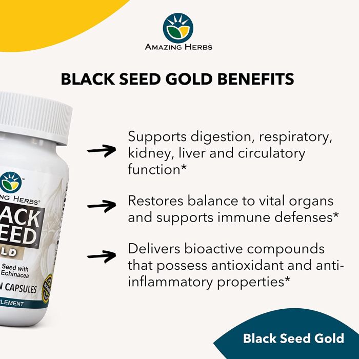 "Amazing Herbs Black Seed Gold bottle – 60 veggie capsules immune and respiratory support"
