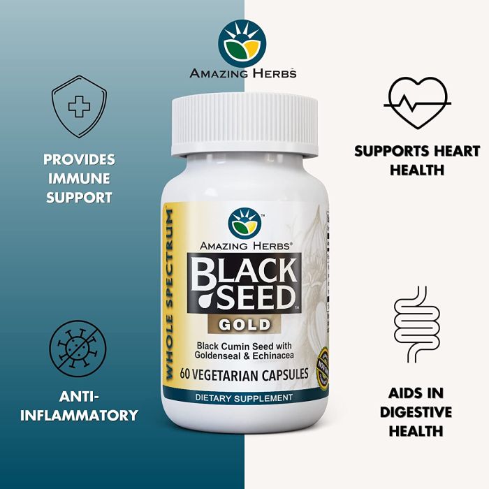 "Back label of Amazing Herbs Black Seed Gold showing ingredient breakdown"