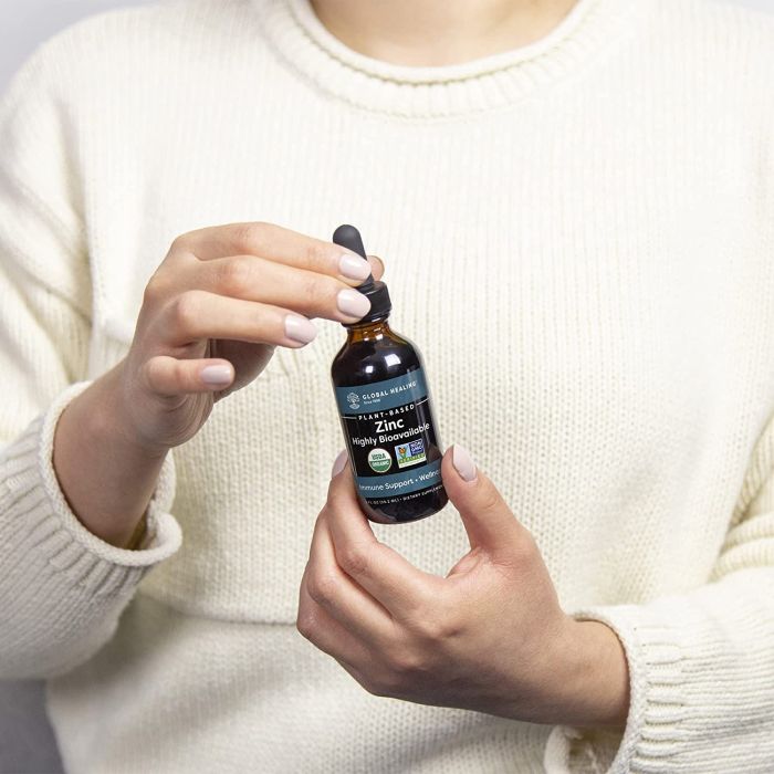 "Dropper bottle of Global Healing Plant-Based Liquid Zinc – vegan, gluten-free, no artificial additives"