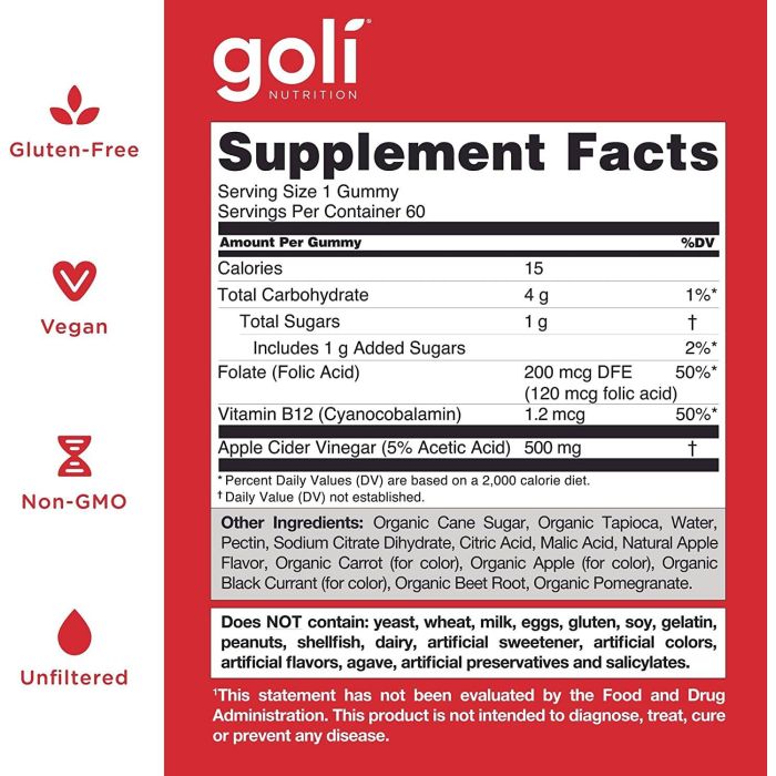 Goli Apple Cider Vinegar Gummies with vitamin B12 for energy support