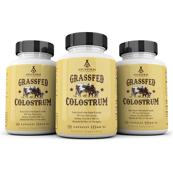 Grass-Fed Colostrum product label – helps boost immunity and promote gut repair with Lactoferrin and Immunoglobulin G.
