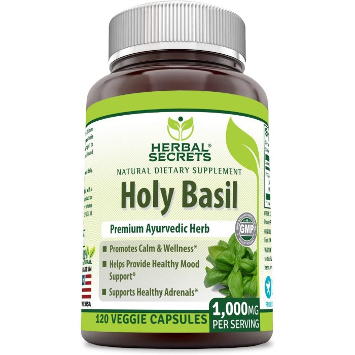 "Supplement Facts panel of Herbal Secrets Holy Basil – detailed ingredient information"
