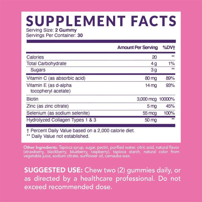 "Supplement facts showing Type I and III collagen content in Havasu Gummies"