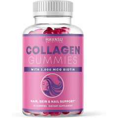 "Pink strawberry-flavored Havasu Collagen gummies arranged on table"