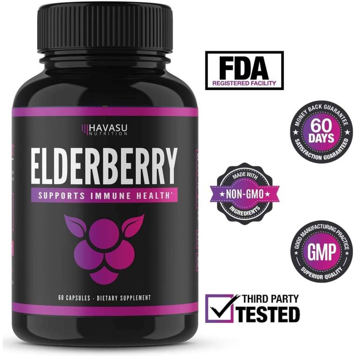 Supplement Facts panel for Havasu Elderberry capsules with vitamin C and zinc
