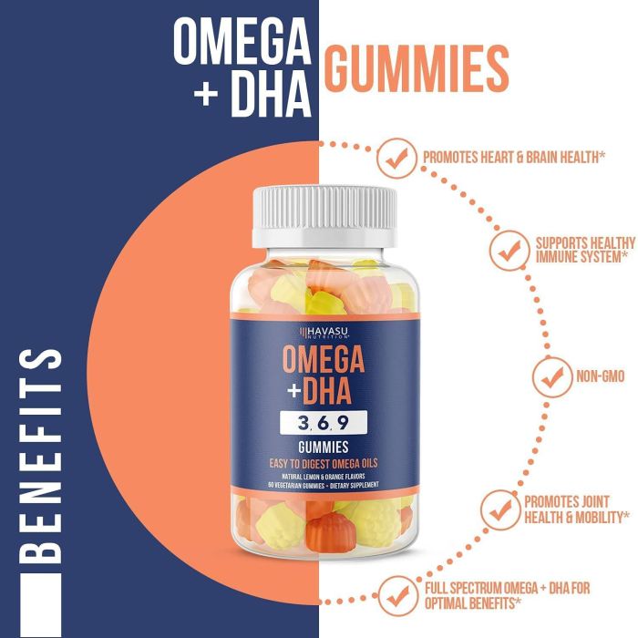 Plant-based omega 3-6-9 supplement gummies with DHA for brain and heart support