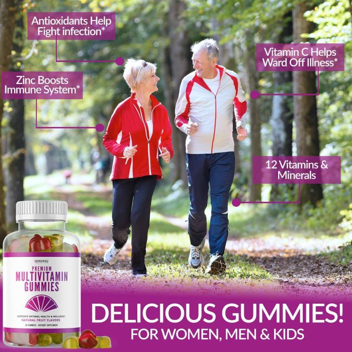 "Two fruit-flavored multivitamin gummies outside the bottle – vegan and gluten-free"
