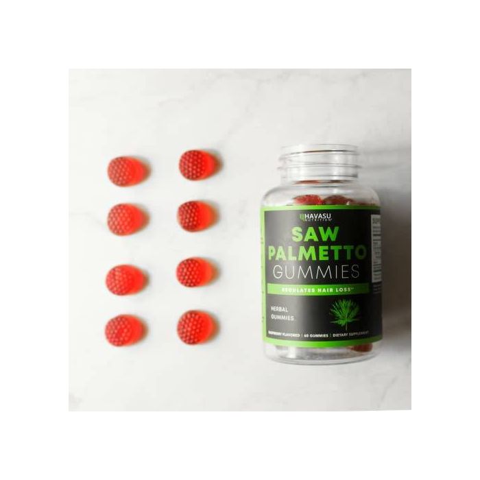 "Havasu Saw Palmetto Gummies bottle with 60 raspberry-flavored herbal gummies for hair loss support"
