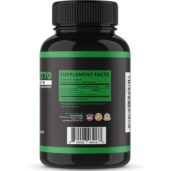 "Saw Palmetto supplement facts label – 950 mg proprietary blend for men’s health"