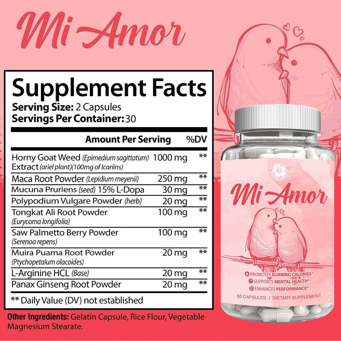 "Supplement Facts label for Mi Amor Performance Enhancer – includes Maca, Tongkat Ali, and Tribulus"